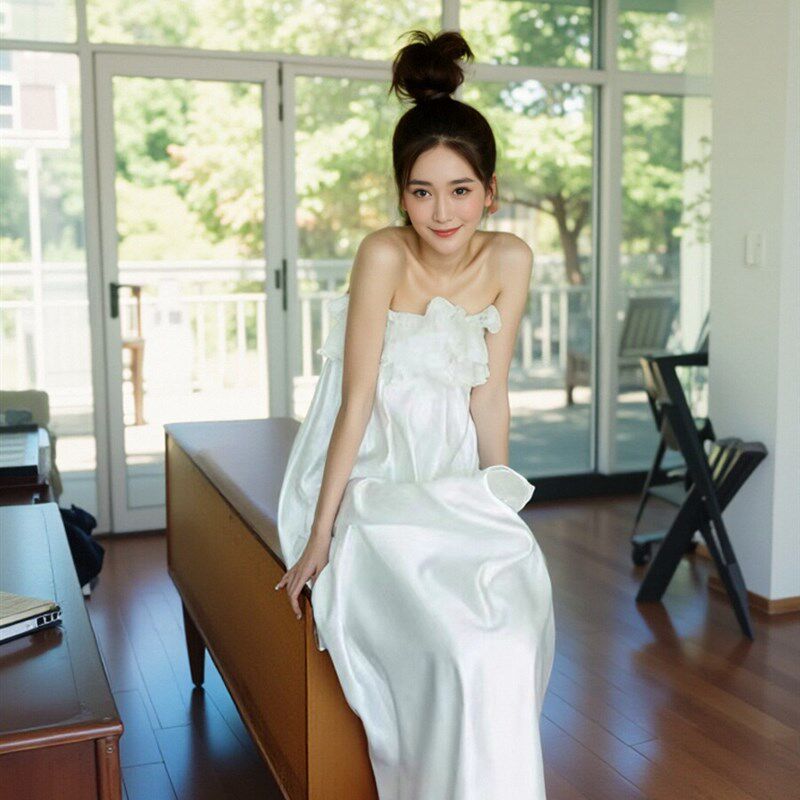高级感一字肩抹胸新中式晨袍白色连衣裙新娘结婚出门纱婚礼小礼服