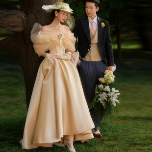 影楼展会新款 优雅慵懒复古电影感森系香槟主题摄影婚纱礼服 法式