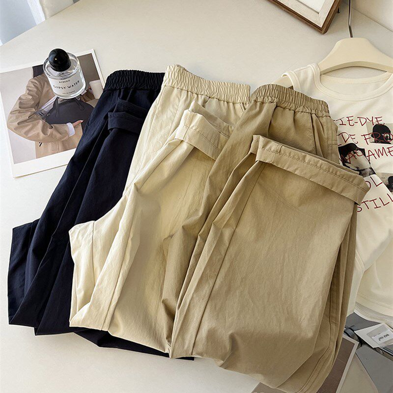 卡其色工装裤女夏秋薄款水洗纯棉日系宽松显瘦休闲阔腿九分萝卜裤