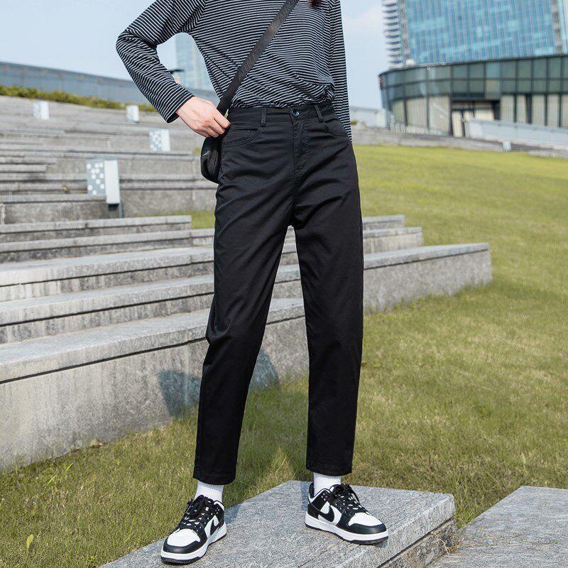 黑色裤子女春秋工装裤女小个子休闲直筒哈伦萝卜烟管锥形秋冬九分