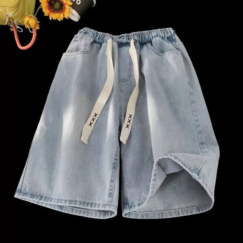牛仔阔腿短裤子少女夏装2024新款初中高中学生松紧腰宽松五分中裤