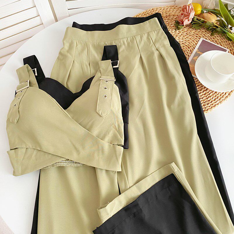 设计感背带扣短款吊带背心上衣+高腰西装阔腿休闲长裤两件套装女