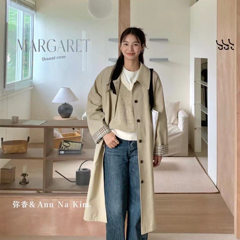 弥香卡其色风衣外套女2024早秋新款英伦风超好看长款格纹休闲大衣