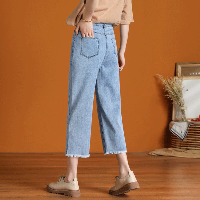 阔腿牛仔裤女夏季薄款2025年新款高腰冰丝八九分小个子直筒七分裤