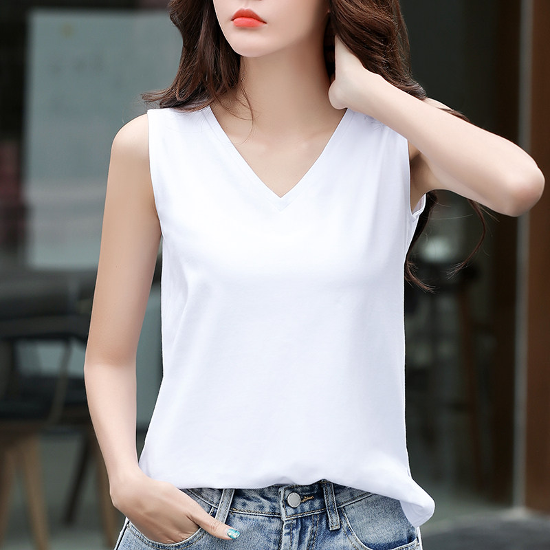 无袖t恤女 宽松纯棉大码吊带配西装内搭打底衫夏外穿 白色v领背心