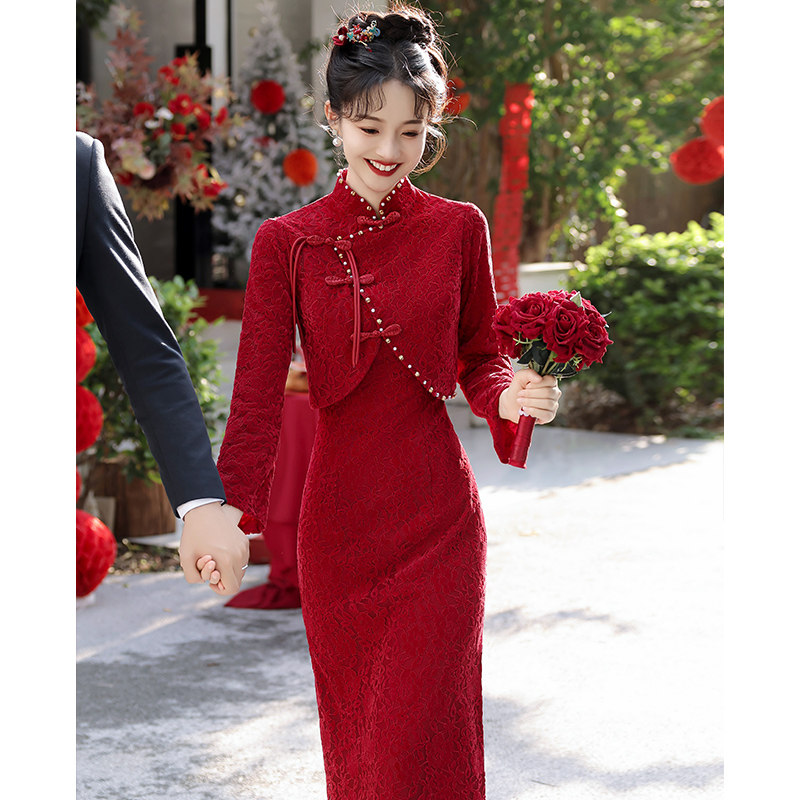 中式敬酒服新娘蕾丝红色旗袍订婚礼服连衣裙套装2025新款回门便装