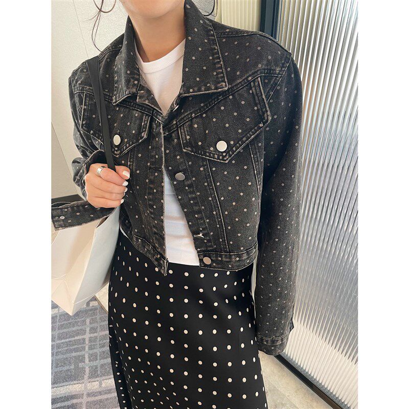 黑色圆点复古牛仔短外套夹克衫女上衣2025春季新款宽松休闲韩版潮