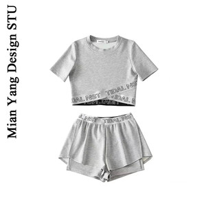 棉洋 美式辣妹炸街两件套健身运动短袖T恤松紧交叉双层短裤套装女