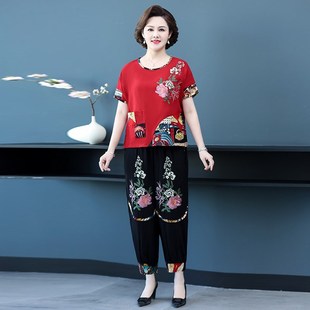 妈妈夏季套装洋气女士民族风上衣服奶奶纯棉麻两件套中老年人女装