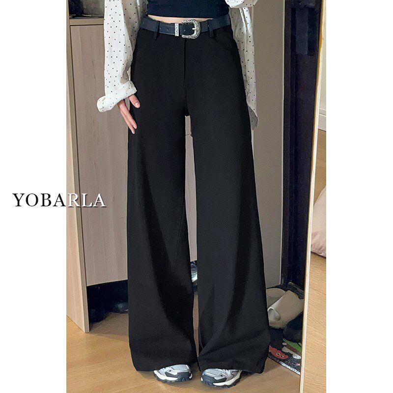 黑色西装休闲阔腿裤女春季新款大码胖mm宽松显瘦梨型身材直筒裤子