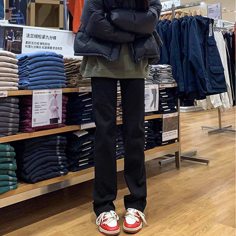 加绒加厚窄版直筒牛仔裤女冬季新款高腰小个子拖地阔腿裤法棍裤子