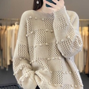 重磅镂空刺绣钩花100%纯羊绒衫 打底 女圆领针织毛衣宽松慵懒羊毛衫