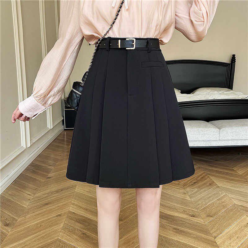 黑色西装百褶裙女夏季新款大码半身裙胖mm高腰显瘦学生a字短裙子