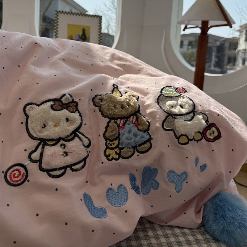 韩系波点小动物卡通少o女水洗棉毛巾绣四件套1.5m1.8公寓全棉被套