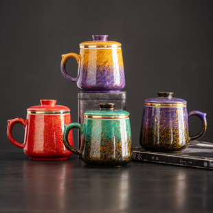 梦南州大漆陶瓷带盖子马克杯高端办公杯茶水分离杯个人喝茶杯子漆