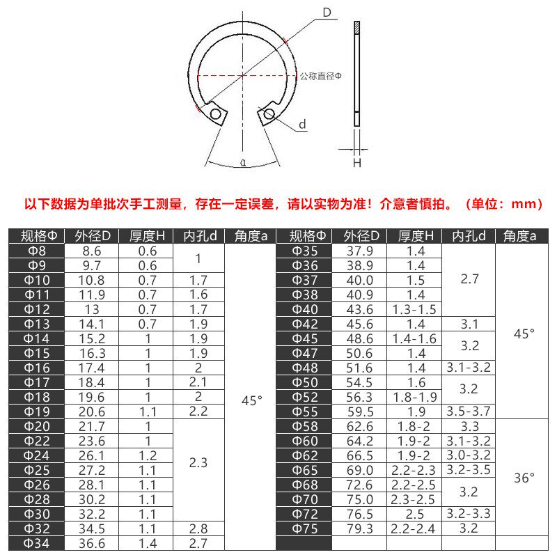 内卡簧 孔用挡圈 孔卡 M58 60 62 65 70 72 75 78 国标卡簧 C型