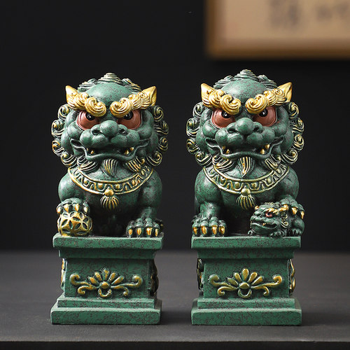 新中式石狮子摆件一对招财镇宅唐狮桌面装饰大门口看门石雕吉祥物