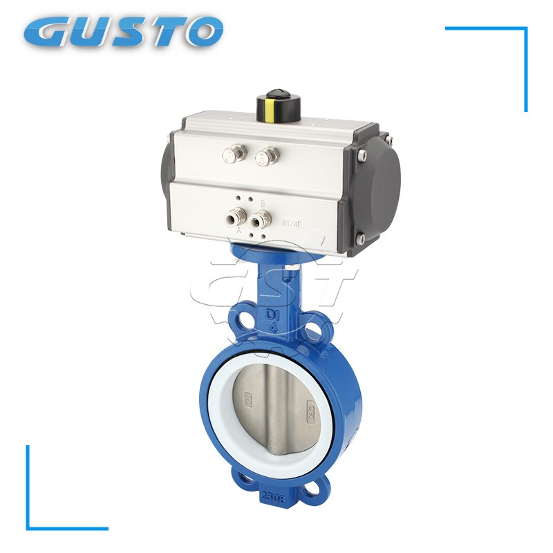 D671F-16Q气动四氟对夹蝶阀软密封耐酸碱腐蚀无销防爆调节DN100