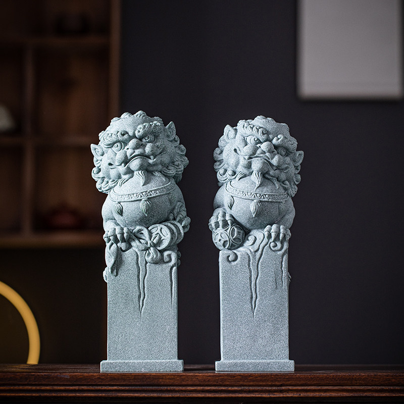 新中式招财唐狮绣球铜币一对摆件创意石狮柱子大号办公室桌面装饰