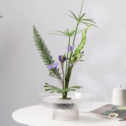 透明玻璃中式f插花盘客厅桌面高脚锤纹花器日式桌面摆件器皿