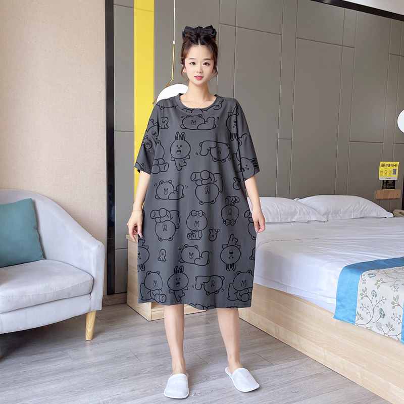 卡通大尺码睡衣短袖女200斤中长版纯棉夏季薄款胖mm孕妇睡裙家居