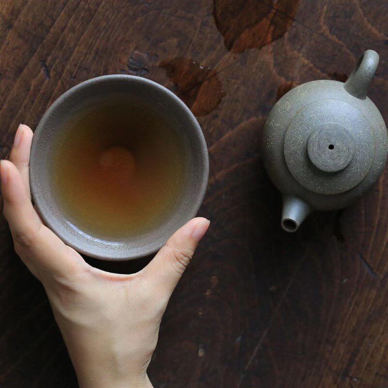 大口斗笠盏d 原矿蟹壳青大号主人杯 零添加紫砂广口茶杯大北造器