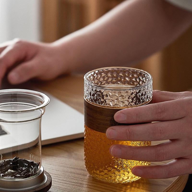 玻璃泡茶杯 g办公室水杯 耐高温锤纹条纹花茶红茶木盖茶杯个人专