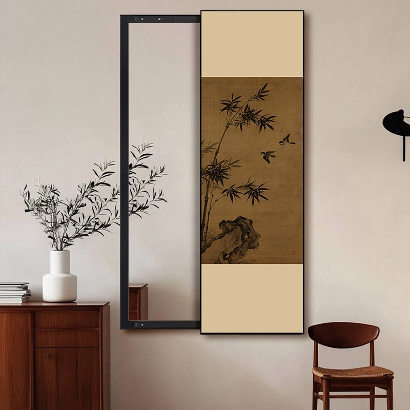 中式竹画挂画入口入口到门隐形梳妆L镜壁画可推拉全身镜