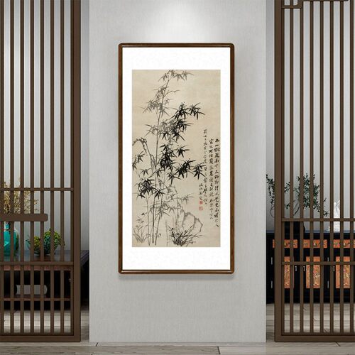 郑板桥竹石兰g蕙图国画竹子写意水墨画中式客厅装饰画玄关竖版挂
