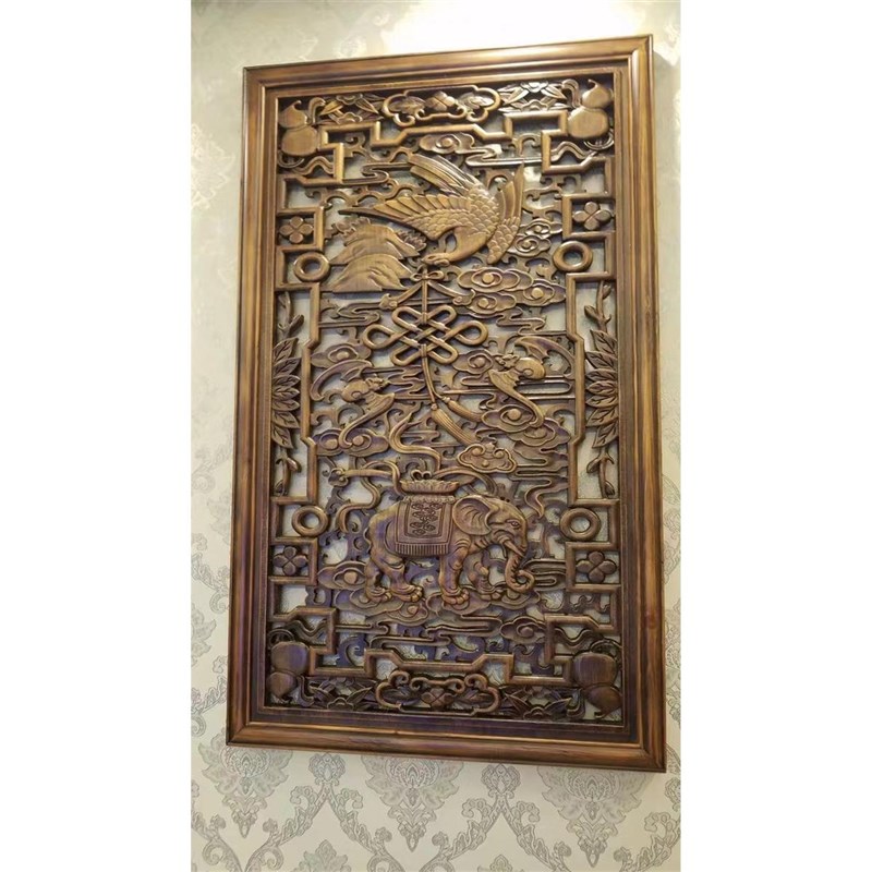 定制东阳香樟实木雕挂件t客厅镂空装饰壁画屏风玄关隔断福禄寿喜
