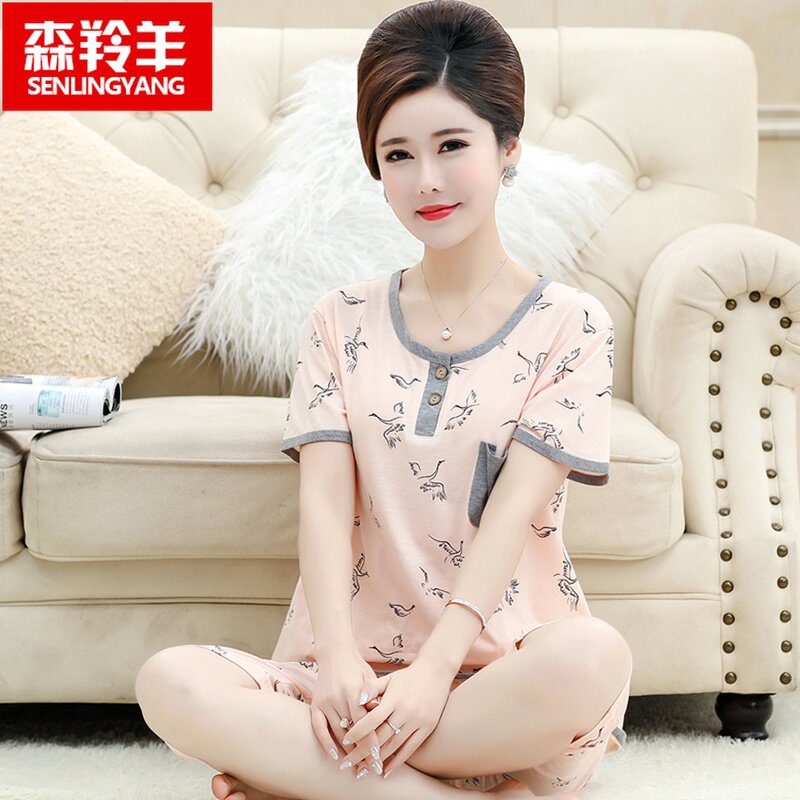 夏季中年女纯棉短袖睡衣妈妈款夏天中老年家居服宽松大码胖mm套装