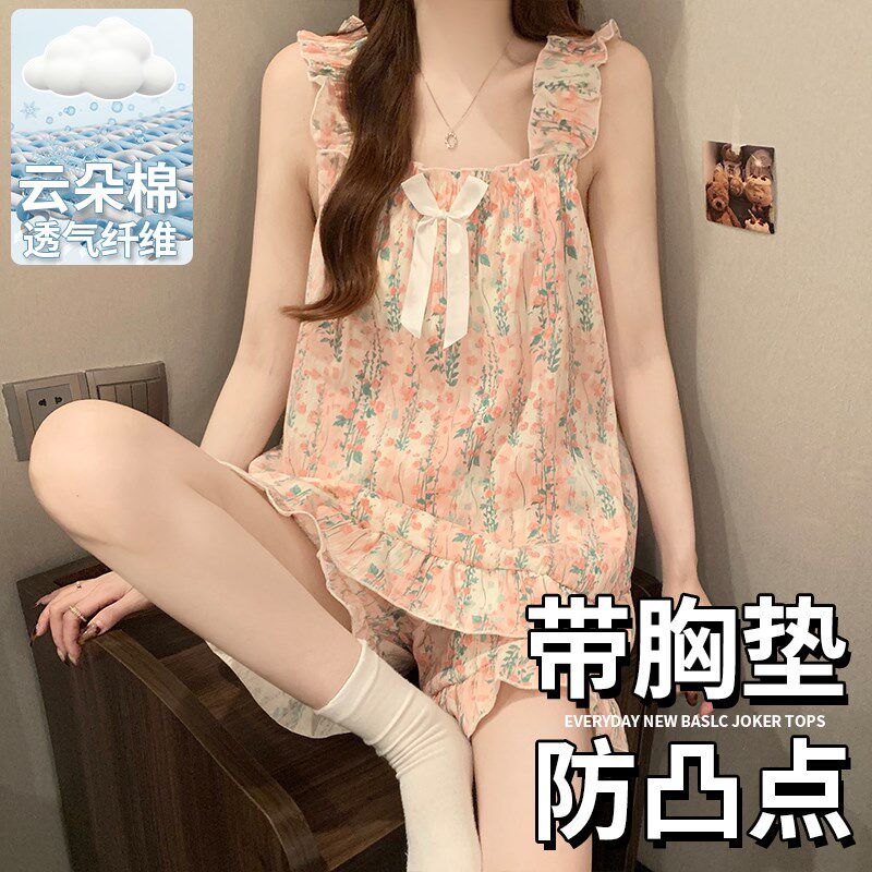 2025新款睡衣女款碎花可爱无袖吊带带胸垫短袖公主少女夏季家居服
