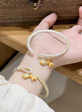 抖音直播描金吉言马上有钱手镯古法国风镯子福运马铜钱平安锁手环