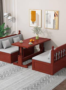 实木缩沙发TLS床客厅家带书桌储物床多功能户小型双人坐卧两用用