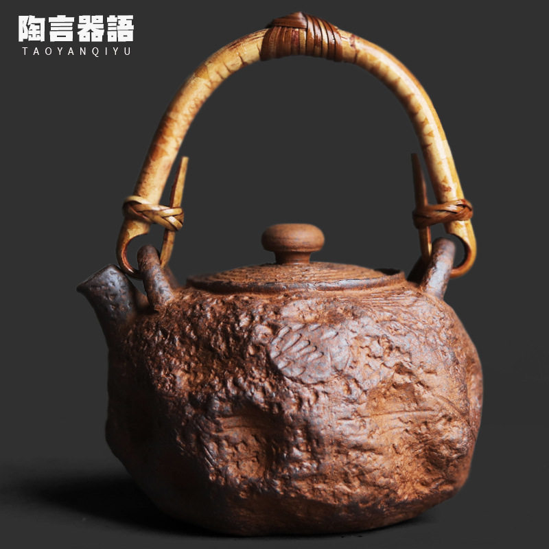 粗陶老岩泥石纹肌理藤编提梁煮茶壶酒精炭火电陶炉复古烧水单壶
