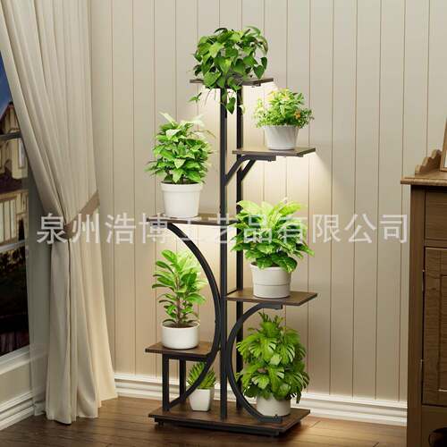 6层植物物灯架HB651带室内植生长的植物架，弧转角展示储物架形花