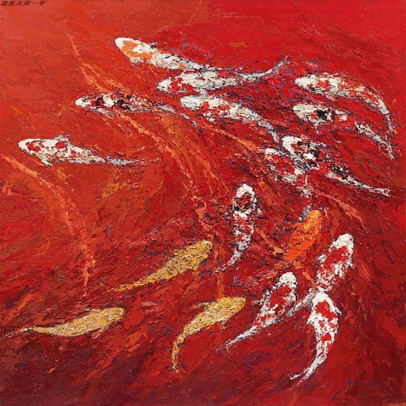 顺丰油画中国红色客厅装饰画九鱼图聚财肌理画玄关抽象锦鲤挂画图片