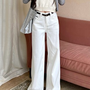 复古白色牛仔裤直筒裤女春季高腰宽松修身显瘦阔腿裤拖地长裤子潮