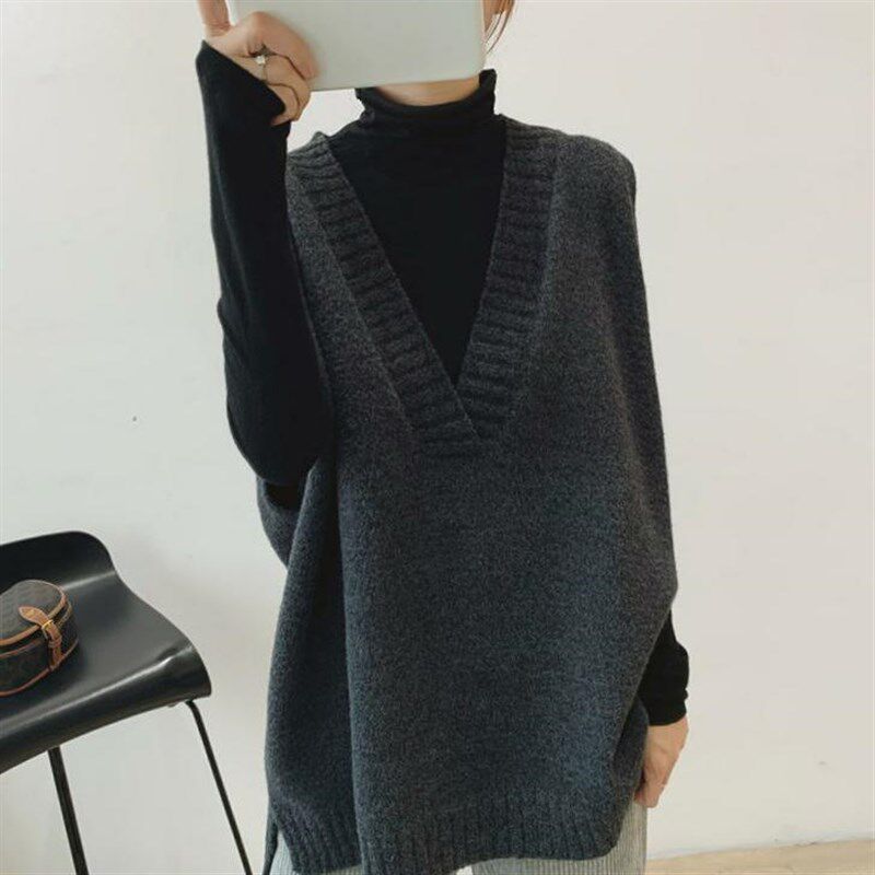 韩版V领宽松羊绒背心女针织马甲无袖毛衣中长款套头羊毛坎肩外穿