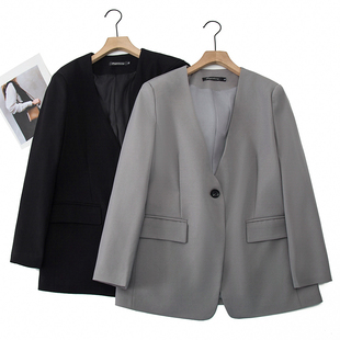 V领西装外套女2023年秋装新款韩版休闲英伦风小个子大尺码灰色西