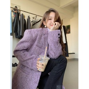 紫色中长款毛呢西装外套女秋冬2024新款小个子高级感气质加厚西服