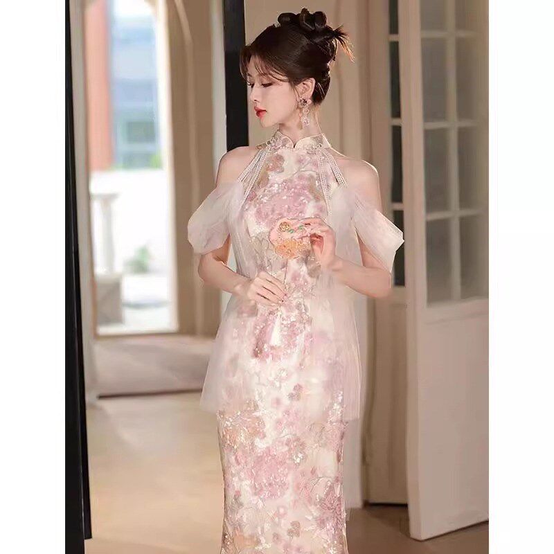 订婚粉色晚礼服裙女晨袍新中式绝美敬酒服新娘高端轻奢小众旗袍夏