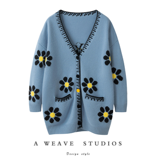 外套女中长版 重工手工刺绣羊绒开衫 羊绒毛衣 大克重加厚 时髦释放