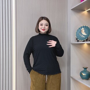 半高领秋冬打底衫女t恤2023新款胖mm大码女装木耳边内搭显瘦上衣