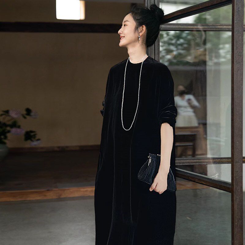 真丝绒连衣裙春装长袖宽松显瘦茧型改良旗袍长裙