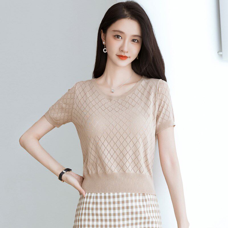 冰丝短袖t恤女夏季薄款镂空针织衫 小个子气质短款配半身裙的上衣
