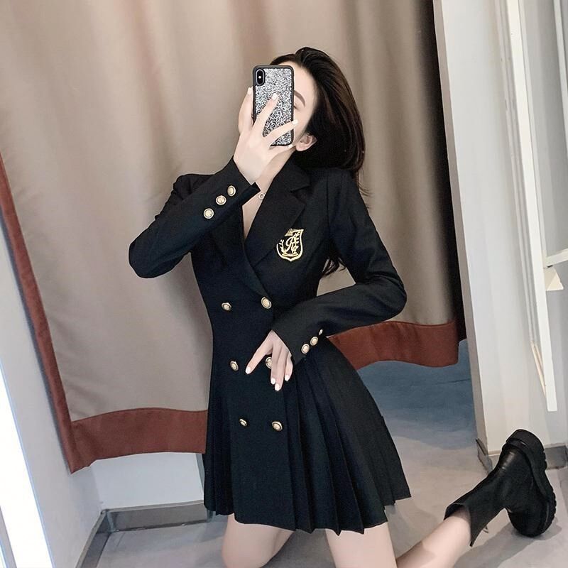 秋装小个子设计感学院风西装连衣裙女春秋气质收腰百褶裙西装裙潮