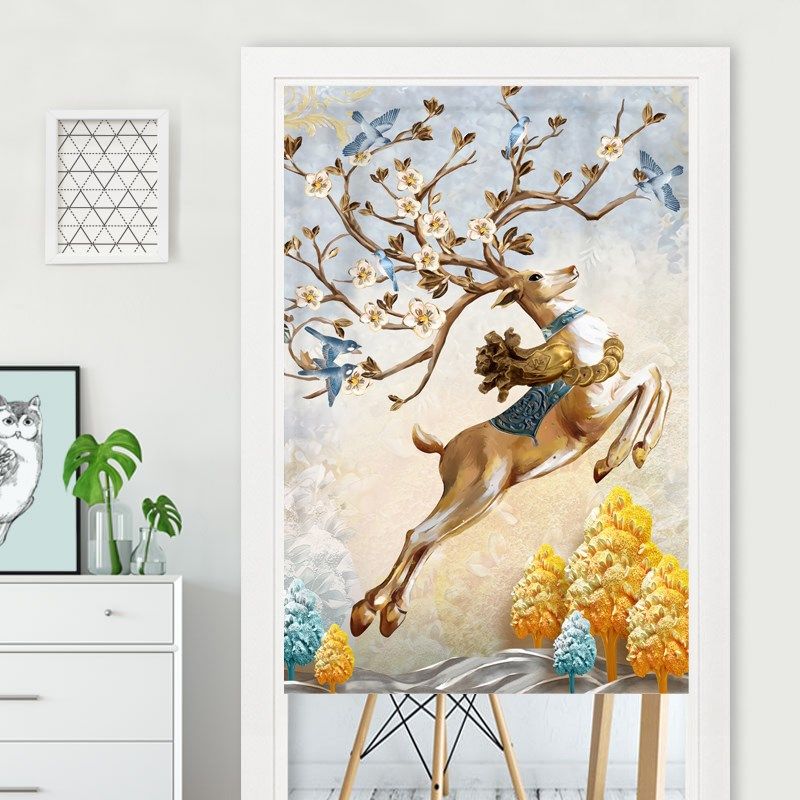 中式布艺门帘隔断帘麋鹿动物图案半截挂帘L家用卧室隐私遮挡半帘