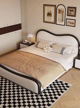 极简奶油风实木皮艺储物现代简约浪大复SVD古波床主卧室双人软床