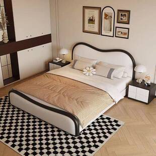 极简奶油风实木皮艺储物现代简约浪大复SVD古波床主卧室双人软床